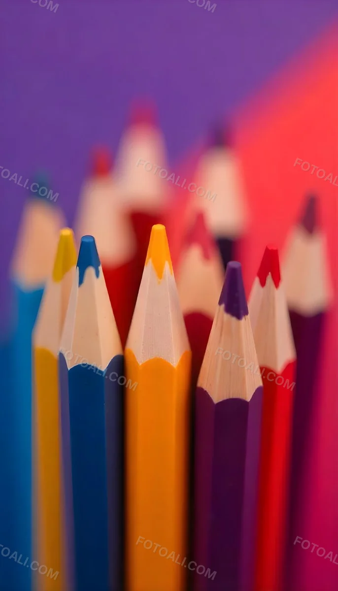A Close Up Of Colored Pencils With A Purple Tip The Background Is A Gradient Of Purple Blue Orange Yellow And Red 54 E3b4