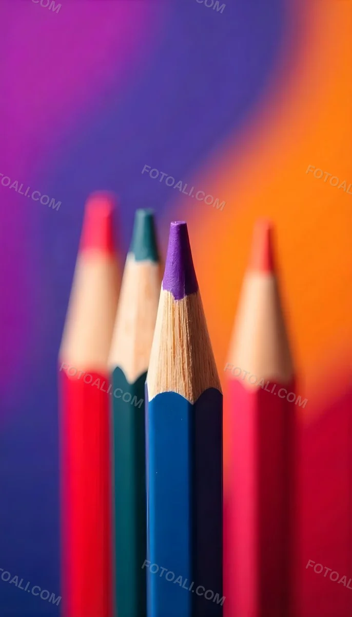 A Close Up Of Colored Pencils With A Purple Tip The Background Is A Gradient Of Purple Blue Orange Yellow And Red 56 Ac08