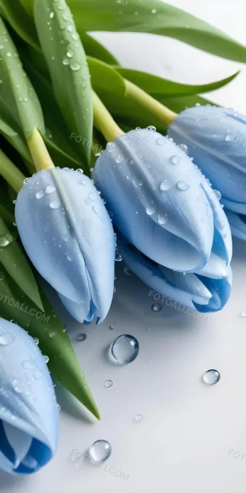 A Close Up Of Light Blue Tulips With Water Droplets On The Leaves Stems And Green Leaves On A White Background 1 B716