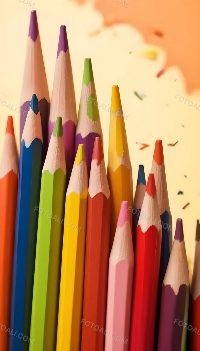 A Close Up Of Several Colored Pencils With Sharpened Tips Arranged In A Row With Colorful Shavings Scattered Around Them On A Colorful Background 15 F972