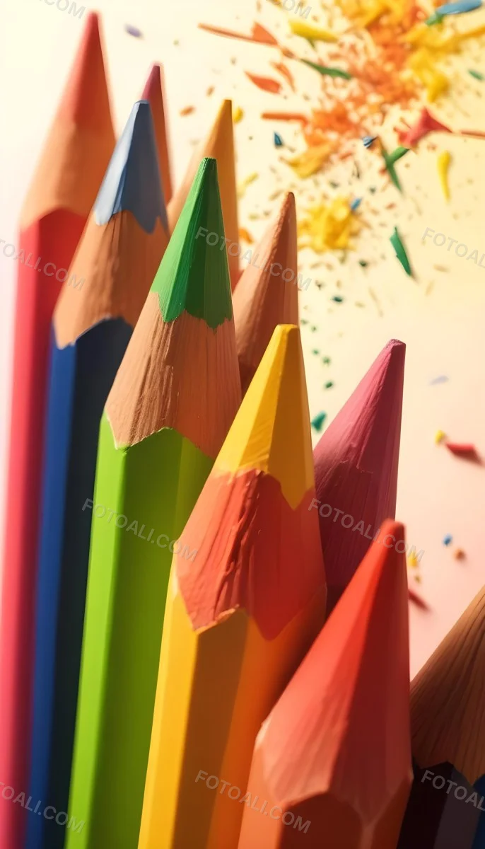 A Close Up Of Several Colored Pencils With Sharpened Tips Arranged In A Row With Colorful Shavings Scattered Around Them On A Colorful Background 18 422c