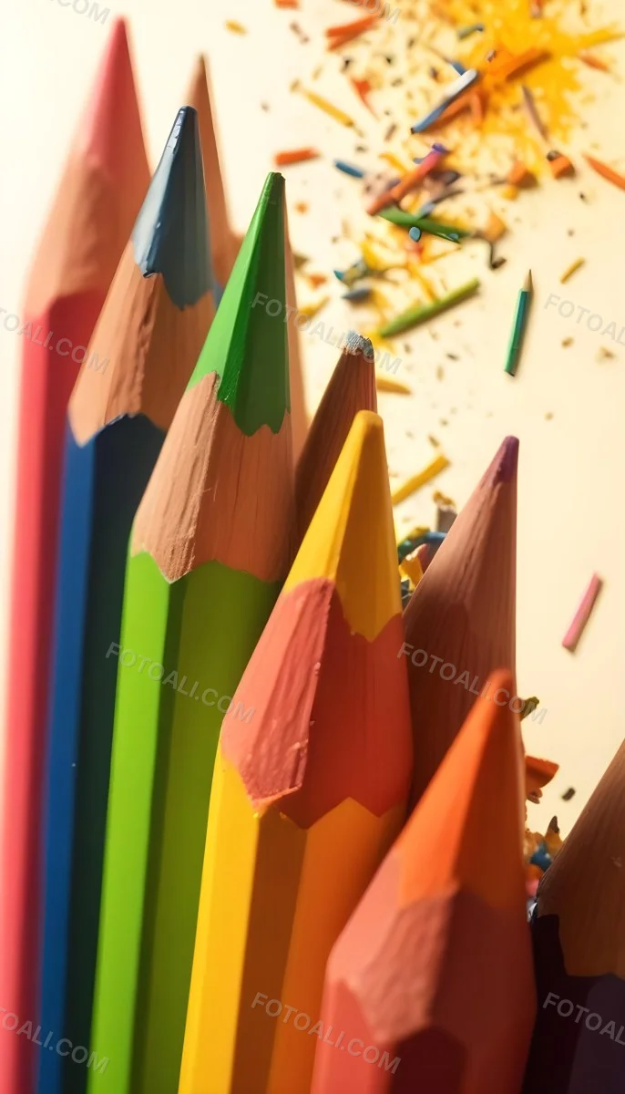 A Close Up Of Several Colored Pencils With Sharpened Tips Arranged In A Row With Colorful Shavings Scattered Around Them On A Colorful Background 23 Ceda