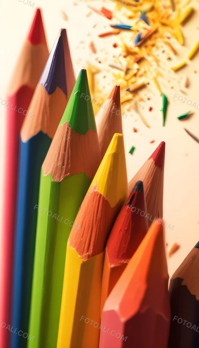 A Close Up Of Several Colored Pencils With Sharpened Tips Arranged In A Row With Colorful Shavings Scattered Around Them On A Colorful Background 6 94e5