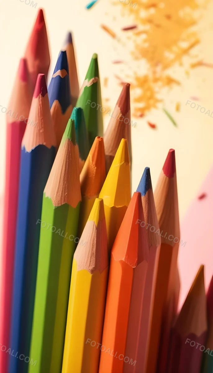 A Close Up Of Several Colored Pencils With Sharpened Tips Arranged In A Row With Colorful Shavings Scattered Around Them On A Colorful Background 8 1a88