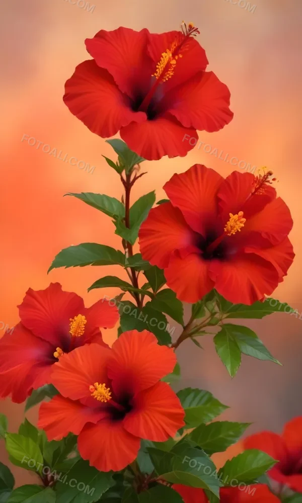 A Close Up Of Vibrant Red Hibiscus Flowers With Orange Leaves Set Against A Soft Focus Background Of Warm Orange And Yellow Hues Creating A Natural And Inviting Composition 13 5705
