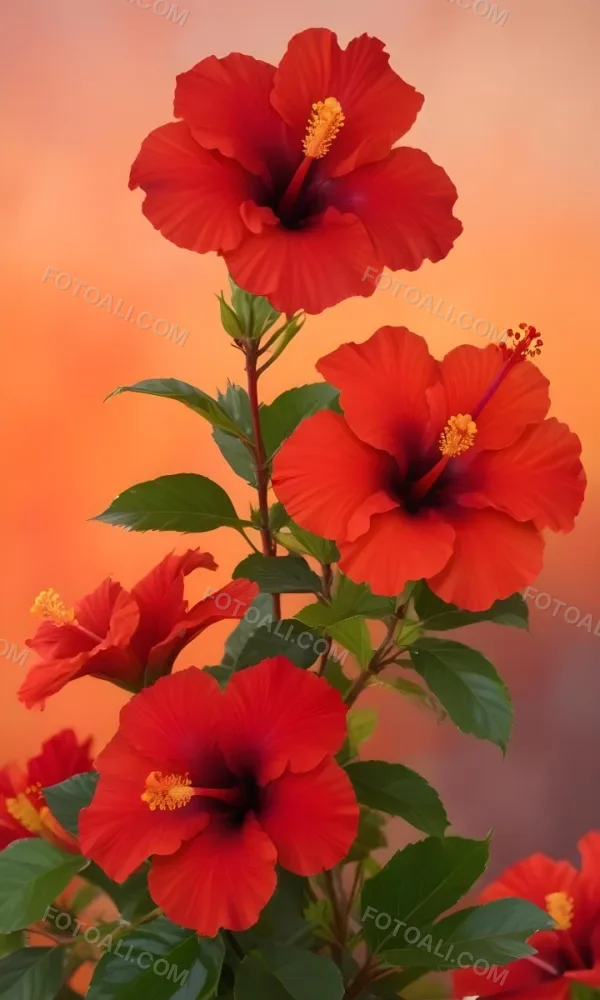 A Close Up Of Vibrant Red Hibiscus Flowers With Orange Leaves Set Against A Soft Focus Background Of Warm Orange And Yellow Hues Creating A Natural And Inviting Composition 14 Dc32