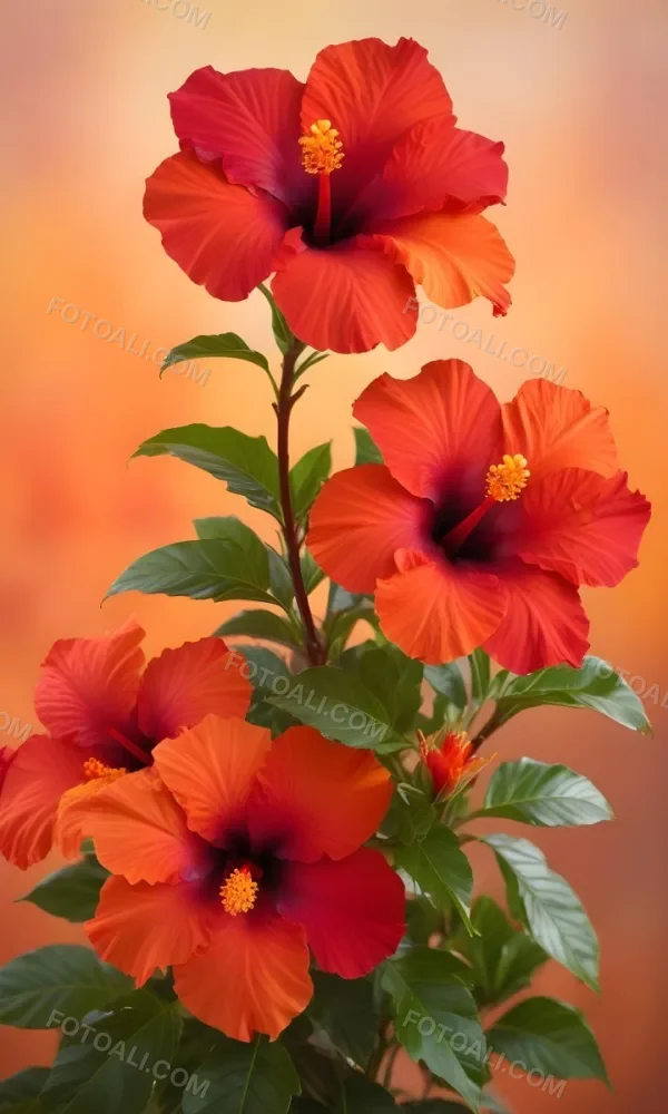 A Close Up Of Vibrant Red Hibiscus Flowers With Orange Leaves Set Against A Soft Focus Background Of Warm Orange And Yellow Hues Creating A Natural And Inviting Composition 17 59d5