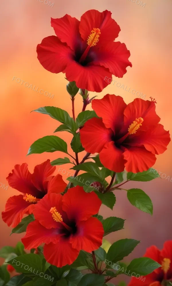 A Close Up Of Vibrant Red Hibiscus Flowers With Orange Leaves Set Against A Soft Focus Background Of Warm Orange And Yellow Hues Creating A Natural And Inviting Composition 18 5876