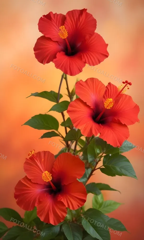 A Close Up Of Vibrant Red Hibiscus Flowers With Orange Leaves Set Against A Soft Focus Background Of Warm Orange And Yellow Hues Creating A Natural And Inviting Composition 20 Ee06