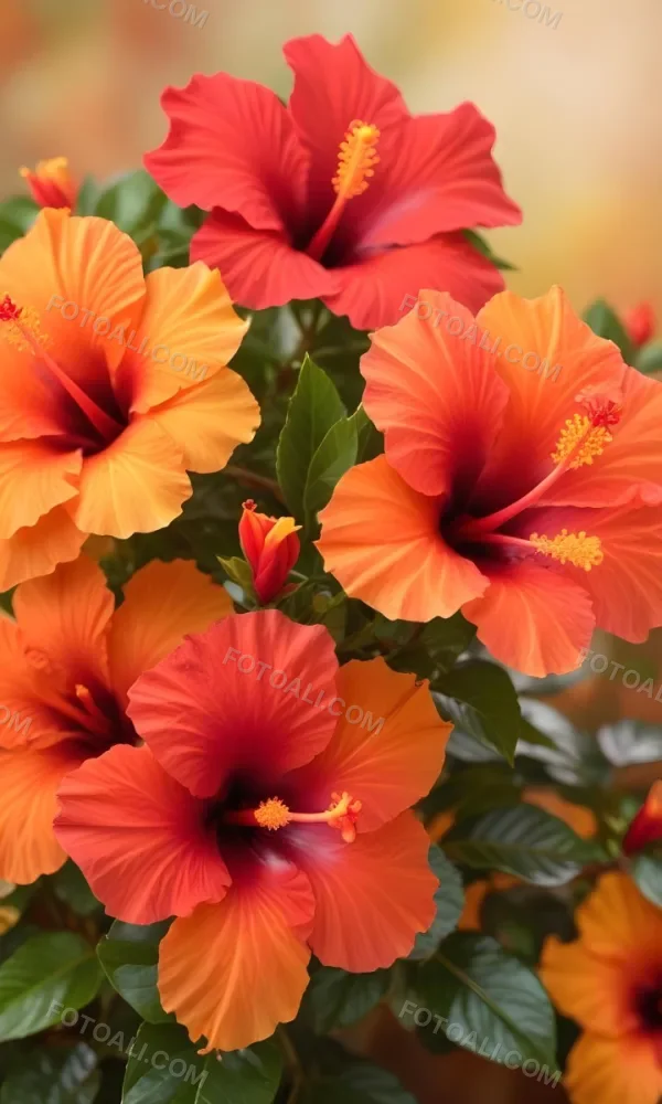 A Close Up Of Vibrant Red Hibiscus Flowers With Orange Leaves Set Against A Soft Focus Background Of Warm Orange And Yellow Hues Creating A Natural And Inviting Composition 21 B977