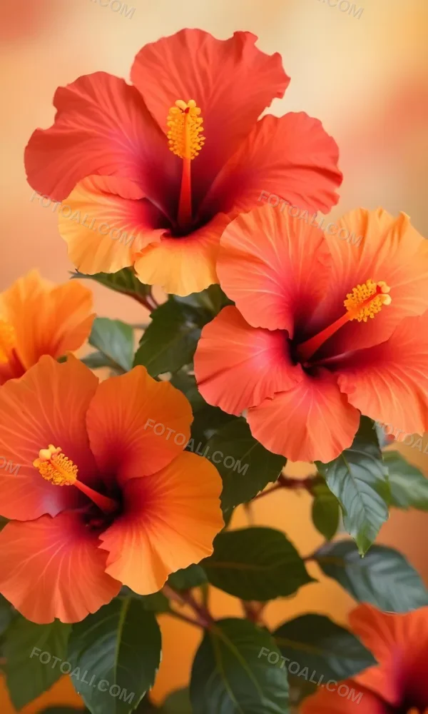 A Close Up Of Vibrant Red Hibiscus Flowers With Orange Leaves Set Against A Soft Focus Background Of Warm Orange And Yellow Hues Creating A Natural And Inviting Composition 22 E9e2