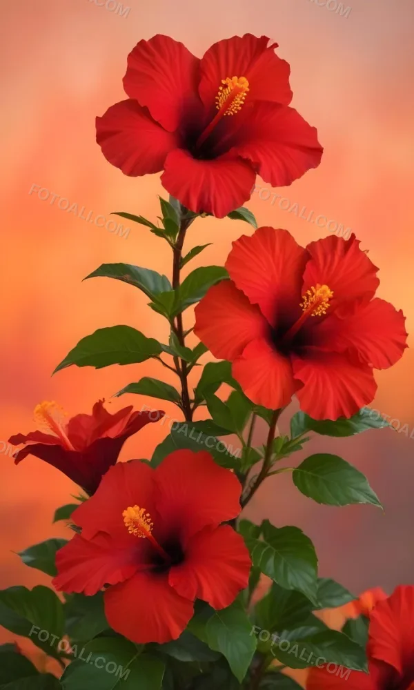 A Close Up Of Vibrant Red Hibiscus Flowers With Orange Leaves Set Against A Soft Focus Background Of Warm Orange And Yellow Hues Creating A Natural And Inviting Composition 3 A436