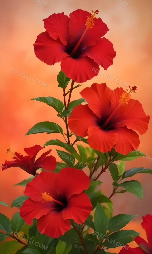 A Close Up Of Vibrant Red Hibiscus Flowers With Orange Leaves Set Against A Soft Focus Background Of Warm Orange And Yellow Hues Creating A Natural And Inviting Composition 5 E42b