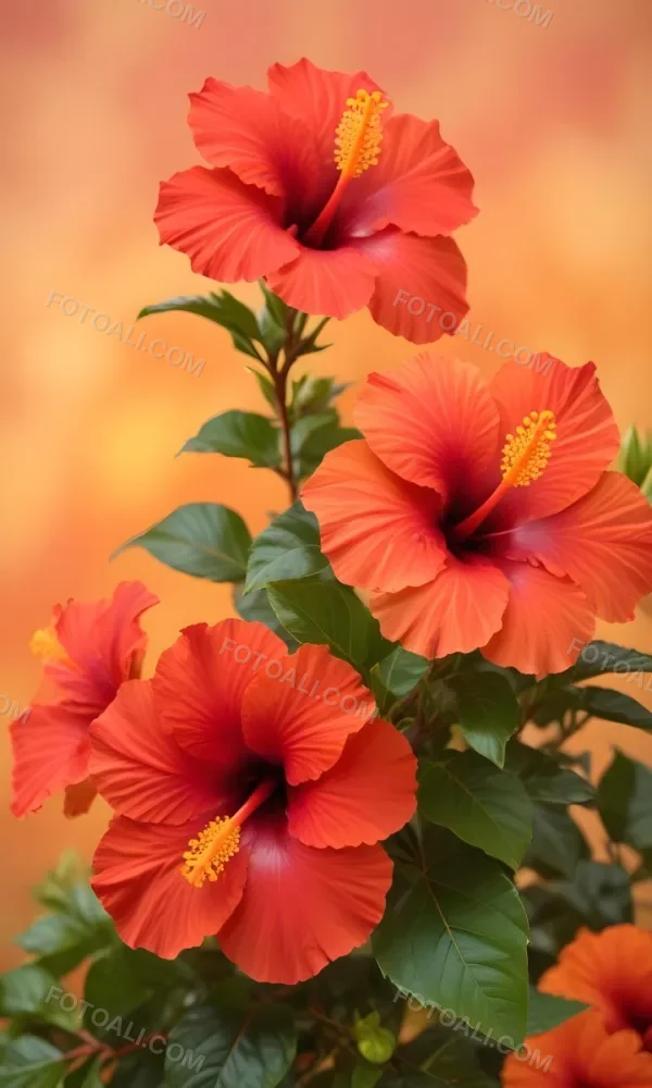 A Close Up Of Vibrant Red Hibiscus Flowers With Orange Leaves Set Against A Soft Focus Background Of Warm Orange And Yellow Hues Creating A Natural And Inviting Composition 6 2bca
