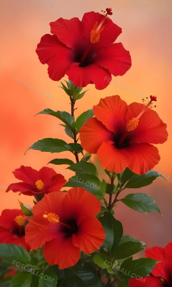 A Close Up Of Vibrant Red Hibiscus Flowers With Orange Leaves Set Against A Soft Focus Background Of Warm Orange And Yellow Hues Creating A Natural And Inviting Composition 7 4f98