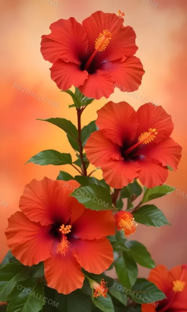 A Close Up Of Vibrant Red Hibiscus Flowers With Orange Leaves Set Against A Soft Focus Background Of Warm Orange And Yellow Hues Creating A Natural And Inviting Composition 9 9336