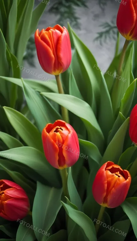 A Close Up Of Vibrant Red Tulip Flowers Their Petals Tightly Closed Surrounded By Lush Green Leaves Creating A Natural Vibrant And Colorful Floral Arrangement 2 760e