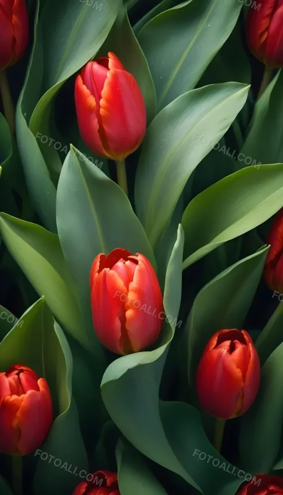 A Close Up Of Vibrant Red Tulip Flowers Their Petals Tightly Closed Surrounded By Lush Green Leaves Creating A Natural Vibrant And Colorful Floral Arrangement 25 3fc1