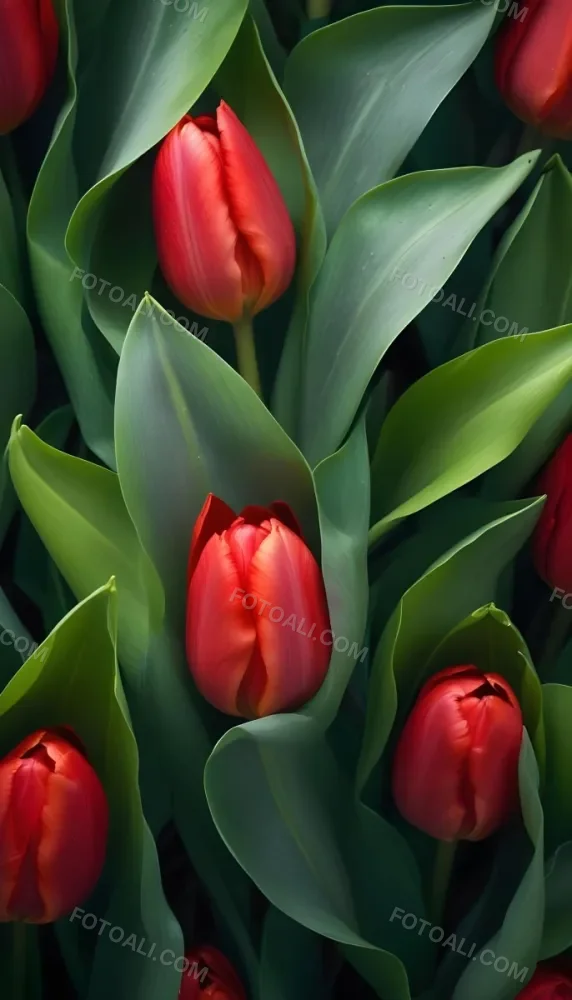 A Close Up Of Vibrant Red Tulip Flowers Their Petals Tightly Closed Surrounded By Lush Green Leaves Creating A Natural Vibrant And Colorful Floral Arrangement 31 F805