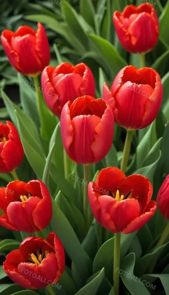 A Close Up Of Vibrant Red Tulip Flowers Their Petals Tightly Closed Surrounded By Lush Green Leaves Creating A Natural Vibrant And Colorful Floral Arrangement 34 082d