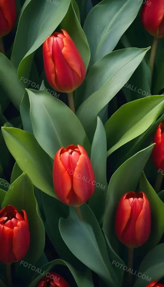 A Close Up Of Vibrant Red Tulip Flowers Their Petals Tightly Closed Surrounded By Lush Green Leaves Creating A Natural Vibrant And Colorful Floral Arrangement 35 09c7