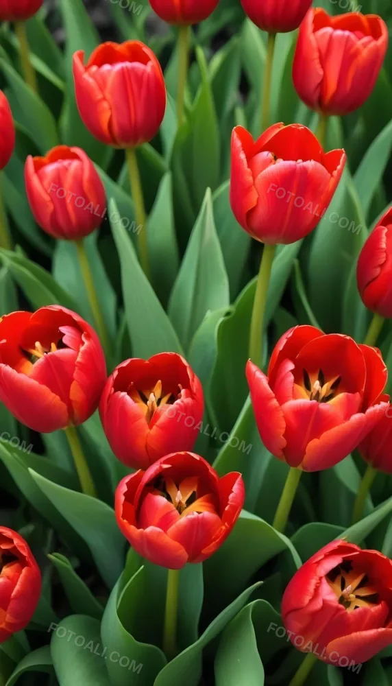 A Close Up Of Vibrant Red Tulip Flowers Their Petals Tightly Closed Surrounded By Lush Green Leaves Creating A Natural Vibrant And Colorful Floral Arrangement 36 9b37