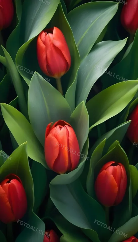 A Close Up Of Vibrant Red Tulip Flowers Their Petals Tightly Closed Surrounded By Lush Green Leaves Creating A Natural Vibrant And Colorful Floral Arrangement 37 B014