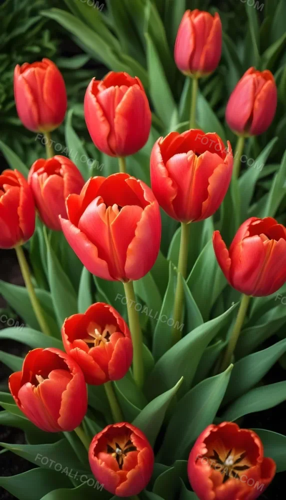 A Close Up Of Vibrant Red Tulip Flowers Their Petals Tightly Closed Surrounded By Lush Green Leaves Creating A Natural Vibrant And Colorful Floral Arrangement 38 C5f3