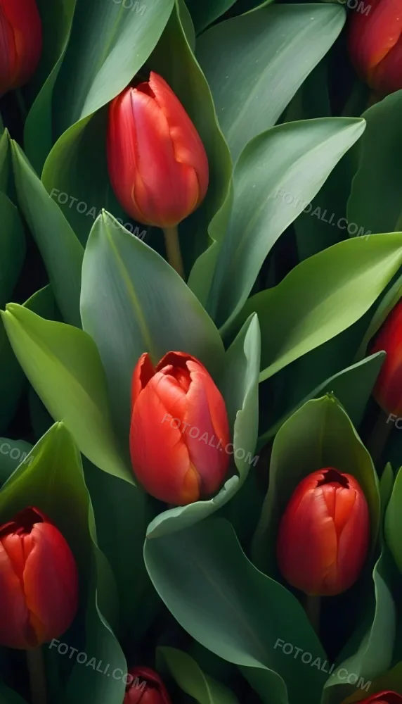 A Close Up Of Vibrant Red Tulip Flowers Their Petals Tightly Closed Surrounded By Lush Green Leaves Creating A Natural Vibrant And Colorful Floral Arrangement 39 A5fe