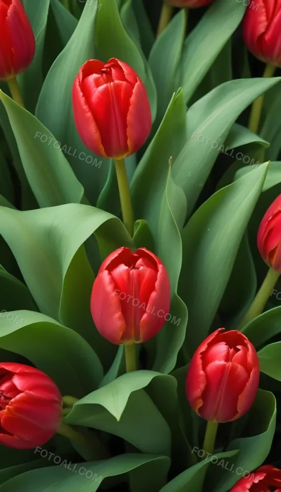 A Close Up Of Vibrant Red Tulip Flowers Their Petals Tightly Closed Surrounded By Lush Green Leaves Creating A Natural Vibrant And Colorful Floral Arrangement 40 9d97