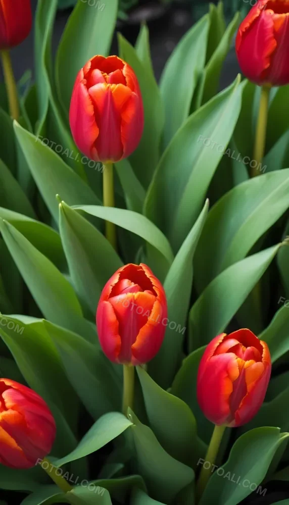 A Close Up Of Vibrant Red Tulip Flowers Their Petals Tightly Closed Surrounded By Lush Green Leaves Creating A Natural Vibrant And Colorful Floral Arrangement 5 79d5