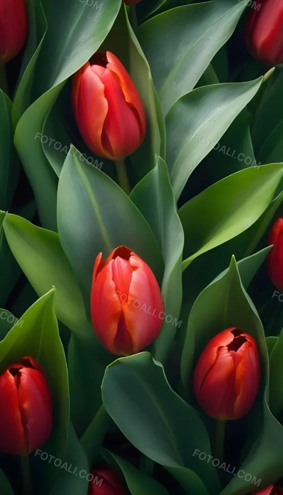 A Close Up Of Vibrant Red Tulip Flowers Their Petals Tightly Closed Surrounded By Lush Green Leaves Creating A Natural Vibrant And Colorful Floral Arrangement 6 5329