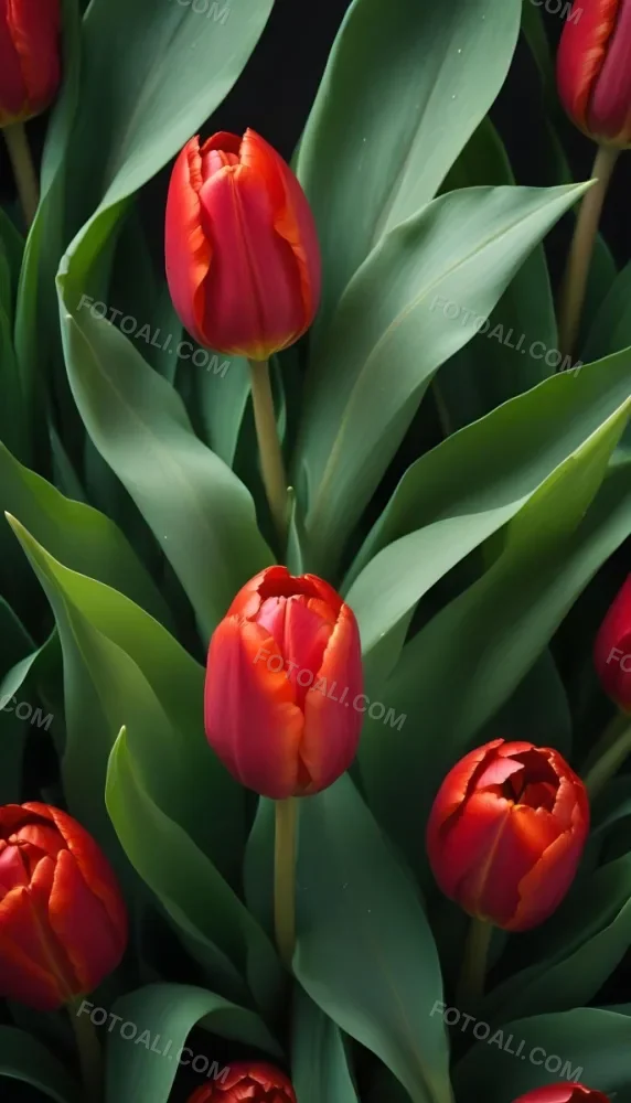 A Close Up Of Vibrant Red Tulip Flowers Their Petals Tightly Closed Surrounded By Lush Green Leaves Creating A Natural Vibrant And Colorful Floral Arrangement 8 9b2d