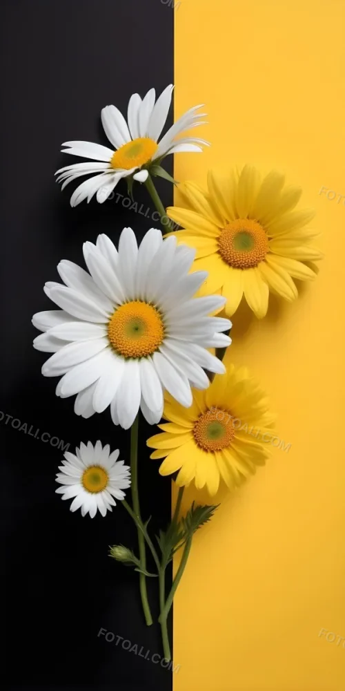 A Close Up Of White Daisy Flowers And Yellow Sunflowers Against A Dark Background 109 376e