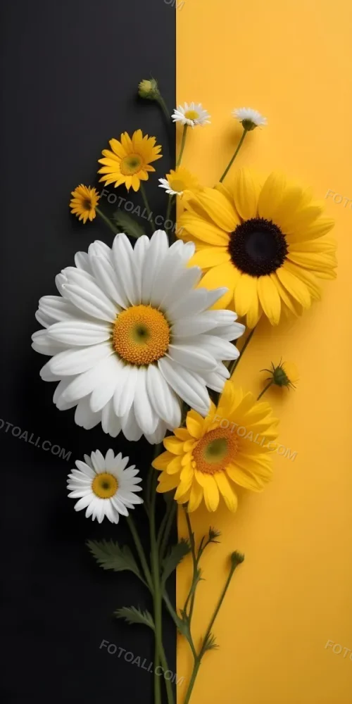 A Close Up Of White Daisy Flowers And Yellow Sunflowers Against A Dark Background 118 14c4