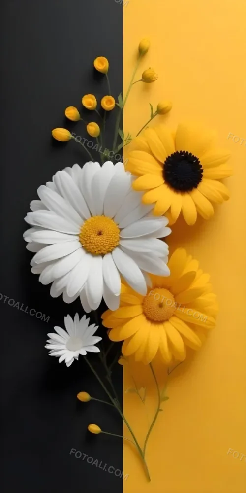 A Close Up Of White Daisy Flowers And Yellow Sunflowers Against A Dark Background 15 0630