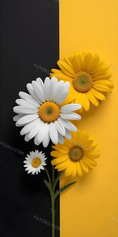 A Close Up Of White Daisy Flowers And Yellow Sunflowers Against A Dark Background 58 0142