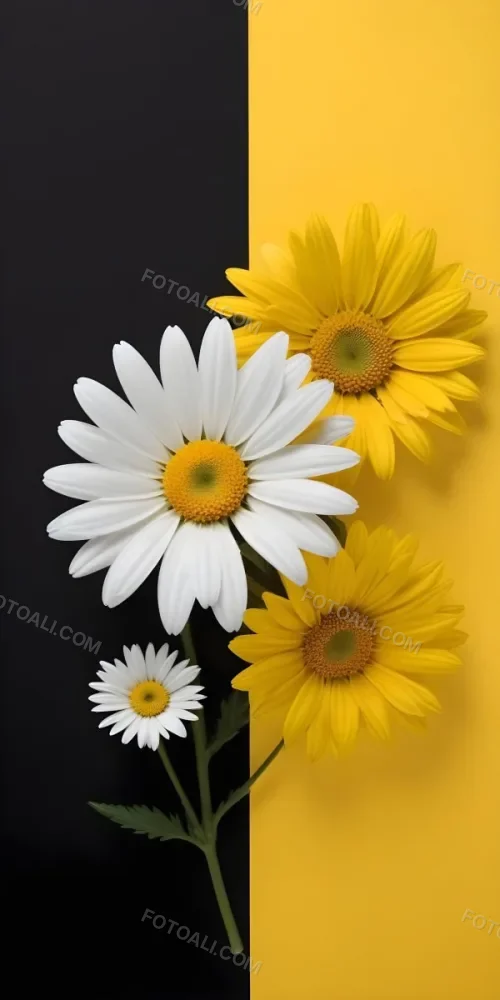 A Close Up Of White Daisy Flowers And Yellow Sunflowers Against A Dark Background 88 E1b4