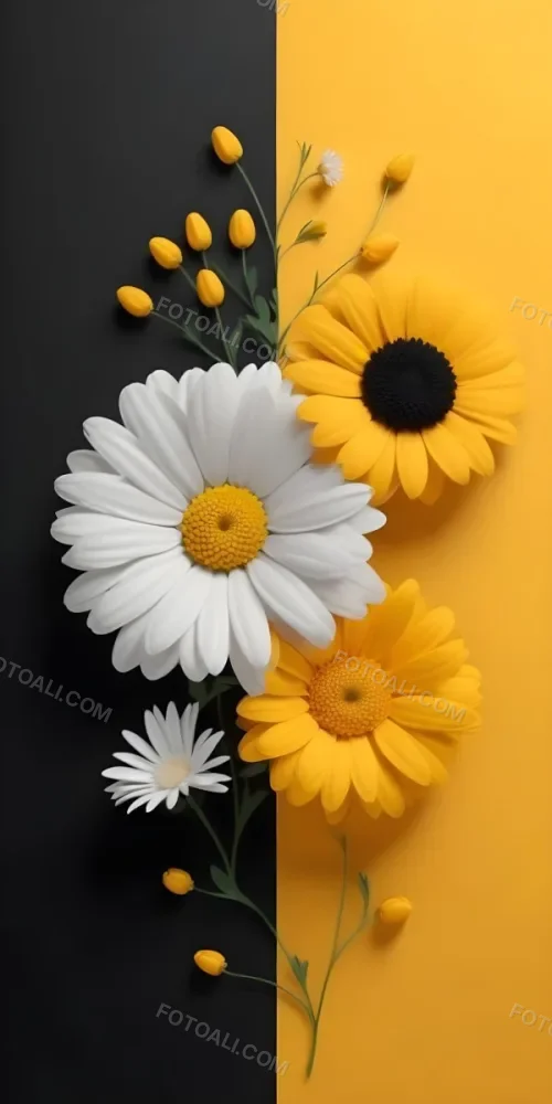 A Close Up Of White Daisy Flowers And Yellow Sunflowers Against A Dark Background 9 F610