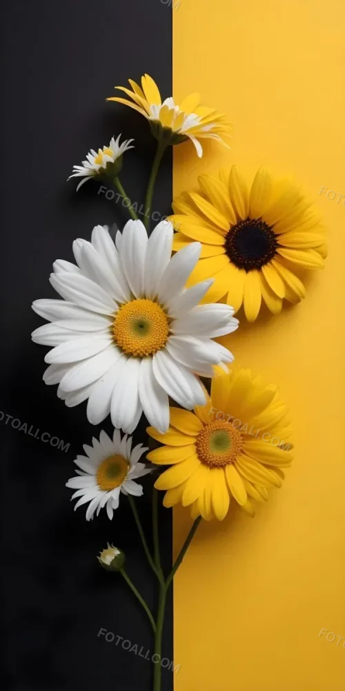 A Close Up Of White Daisy Flowers And Yellow Sunflowers Against A Dark Background 91 D2dc