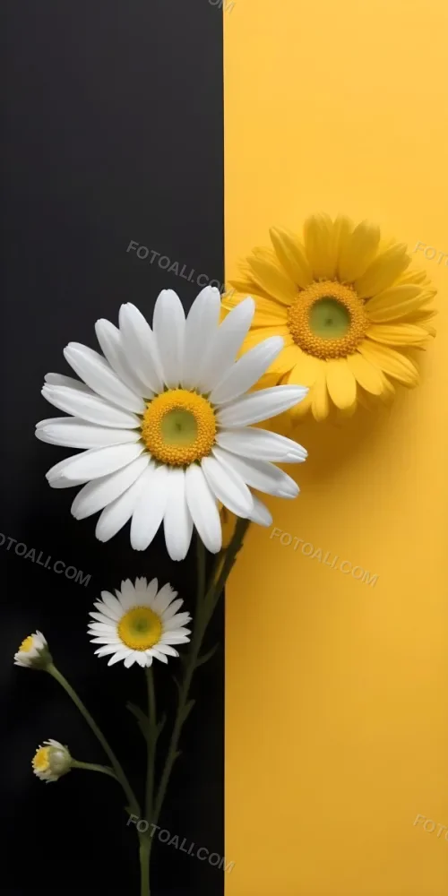 A Close Up Of White Daisy Flowers And Yellow Sunflowers Against A Dark Background 92 A98d