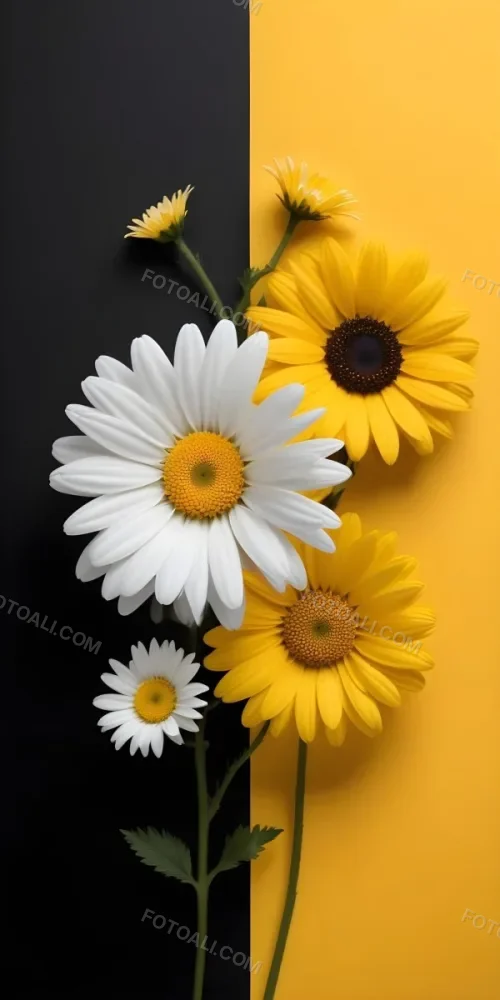 A Close Up Of White Daisy Flowers And Yellow Sunflowers Against A Dark Background 94 5289