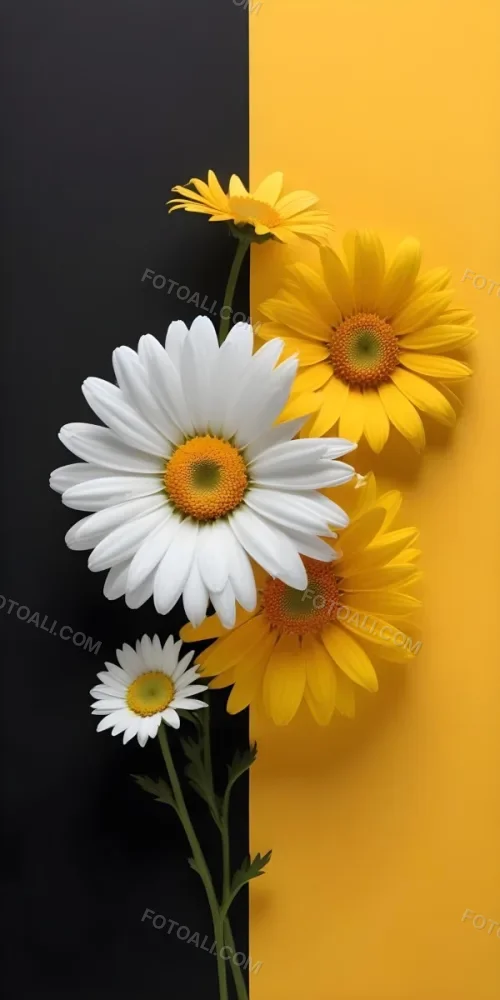 A Close Up Of White Daisy Flowers And Yellow Sunflowers Against A Dark Background 99 F813
