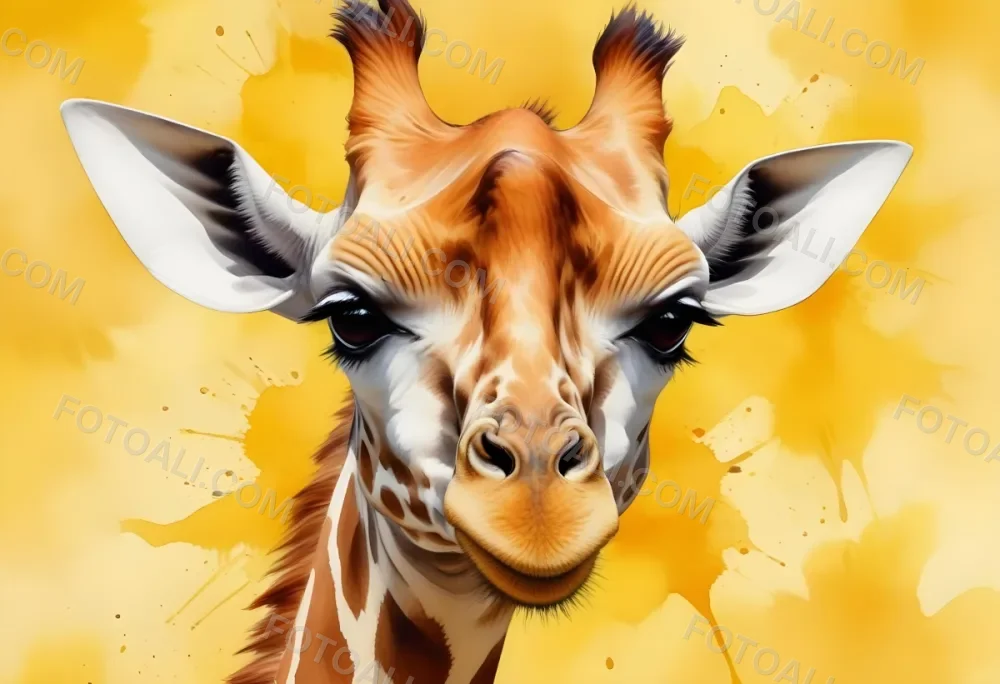 A Close Up Portrait Of A Giraffe With Large Expressive Ears Against A Bright Yellow Background 7 A12a