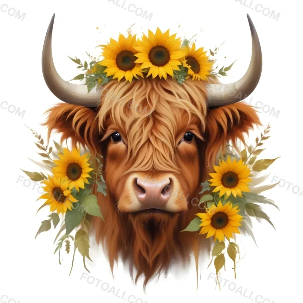 A Close Up Portrait Of A Highland Cow With Long Shaggy Reddish Brown Fur The Cow Has Large Horns And A Friendly Expressive Face The Cow Is Surrounded By A Wreath Of Vibrant Yellow Sunflowers 11 97bb