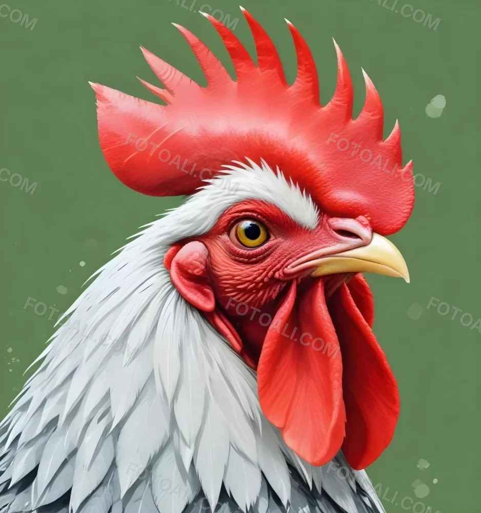 A Close Up Portrait Of A Rooster With Vibrant Red Comb And Wattle A Sharp Beak And Grey And White Speckled Plumage Against A Blurred Green Background 34 Cc8e