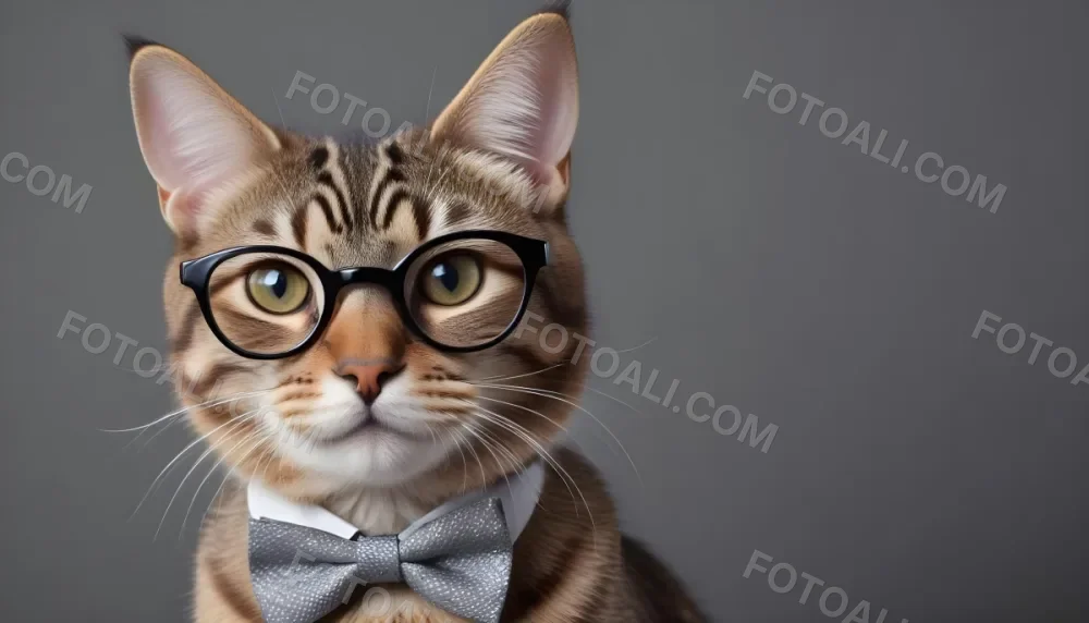 A Close Up Portrait Of A Tabby Cat Wearing Glasses And A Bowtie Against A Plain Gray Background 16 2df1