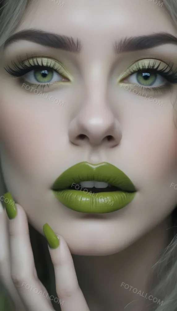 A Close Up Portrait Of A Woman With Green Lips And Long Eyelashes Against A Blurred Background 1 C800