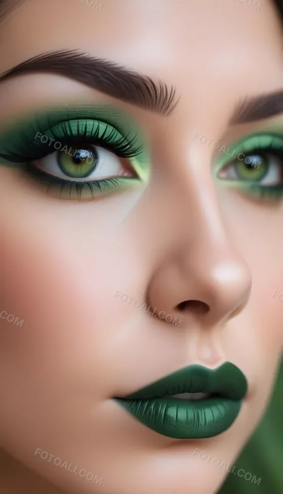 A Close Up Portrait Of A Woman With Green Lips And Long Eyelashes Against A Blurred Background 13 8bba