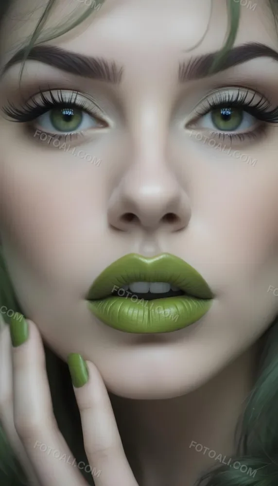 A Close Up Portrait Of A Woman With Green Lips And Long Eyelashes Against A Blurred Background 2 1d09